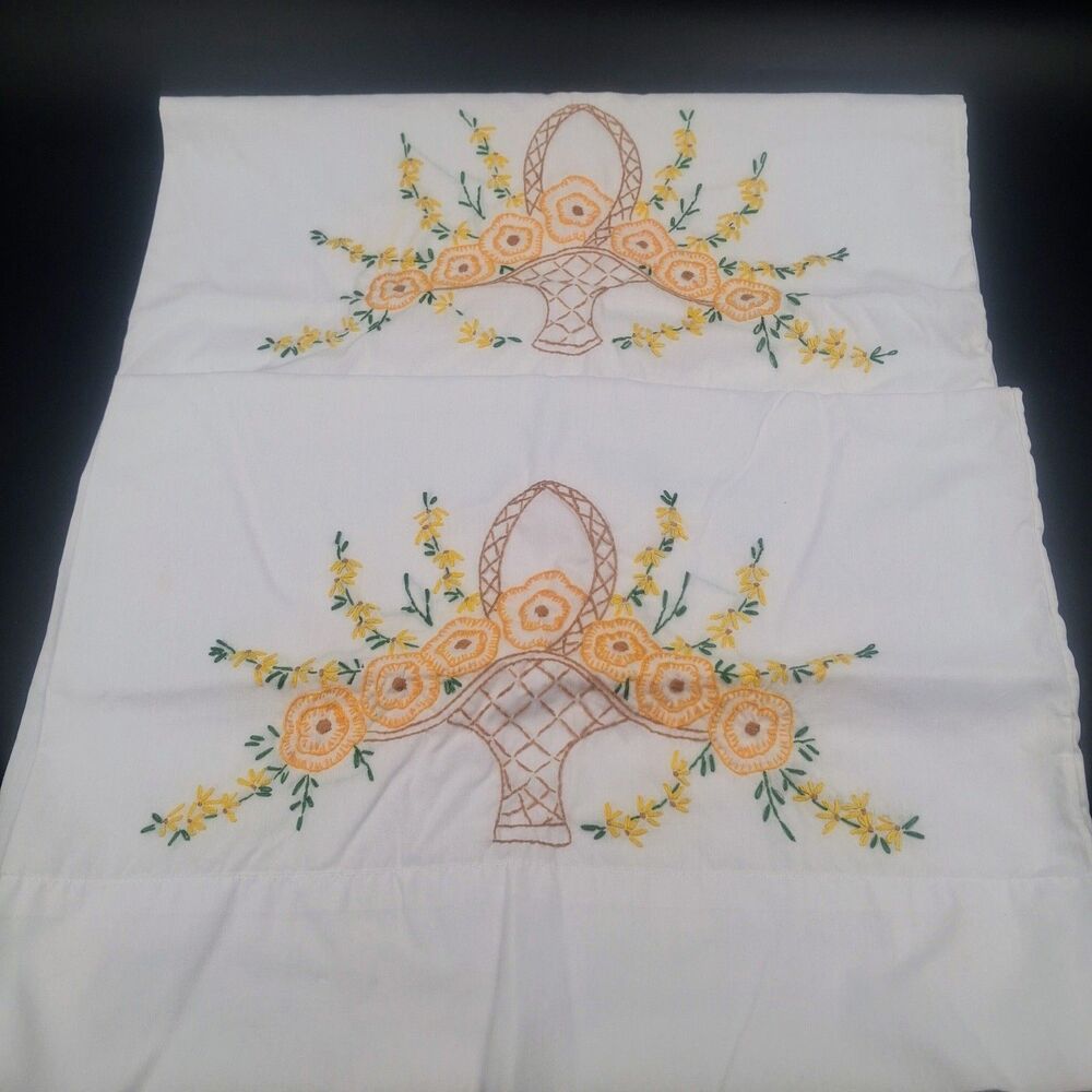 Vintage Pair of Floral Hand Embroidered Pillowcases Basket Of Flower Cottagecore
